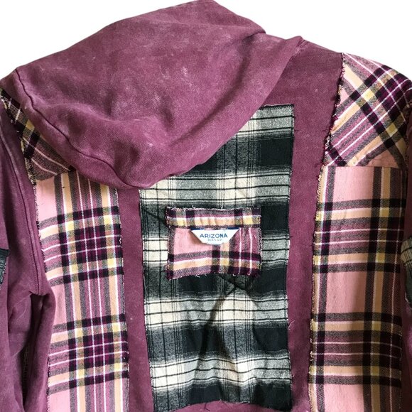 Upcycled Patchwork Hoodie, S-M: Distressed Magenta Grunge Sweater, Campus Style - Picture 12 of 16